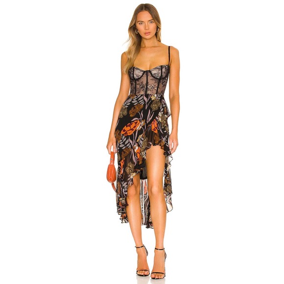 Katie May Dresses & Skirts - Katie May Take A Sip Black 70s Floral Corset Ruffle High Low Midi Dress Size S